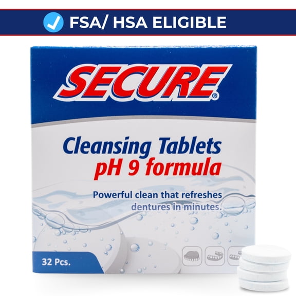 Secure Daily Cleansing Tablets, Fights Odors, Stains & Germs - For all Dentures Devices - 32 Tablets (1 Pack)