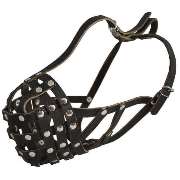 Secure Leather Mesh Basket Dog Muzzle - Boxer, English Bulldog (Circumference 14", Snout Length 3")