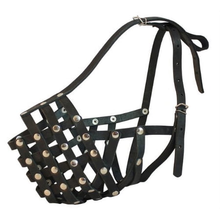 Secure Leather Mesh Basket Dog Muzzle - Rottweiler Male(Circumference 14.5", Snout Length 3.5")