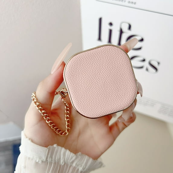 Secure Lock Elegent Case for Samsung Galaxy Buds FE/Galaxy Buds 2 Pro/Galaxy Buds Pro/Galaxy Buds Live, TPU+Leather Shell Galaxy Buds Live Case with Chain Lanyard for Women Girls,Pink