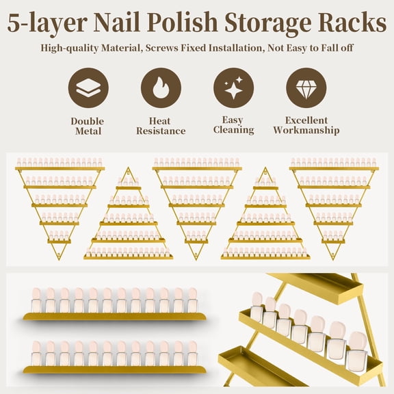 Secure Metal, Wall-mounted, Nail Polish Storage Racks, Body Armor Stand, 5 Tiers, Gold, Cosmetic Display Cases, Set of 10, Triangular Display Shelves, with Screws Fixed Installation, for Salon