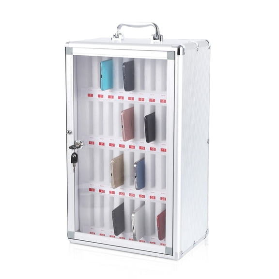 Secure Mobile Phone Storage Box Organizer – 36-Slot Lockable Metal Cell Phone Locker Cabinet – Aluminum Alloy – Wall Mount – Silver