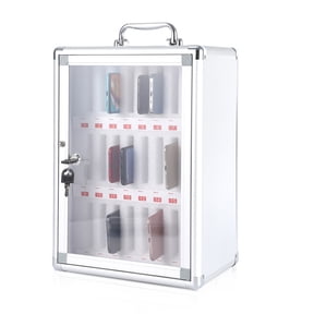 Secure Mobile Phone Storage Box Organizer – 36-Slot Lockable Metal Cell Phone Locker Cabinet – Aluminum Alloy – Wall Mount – Silver