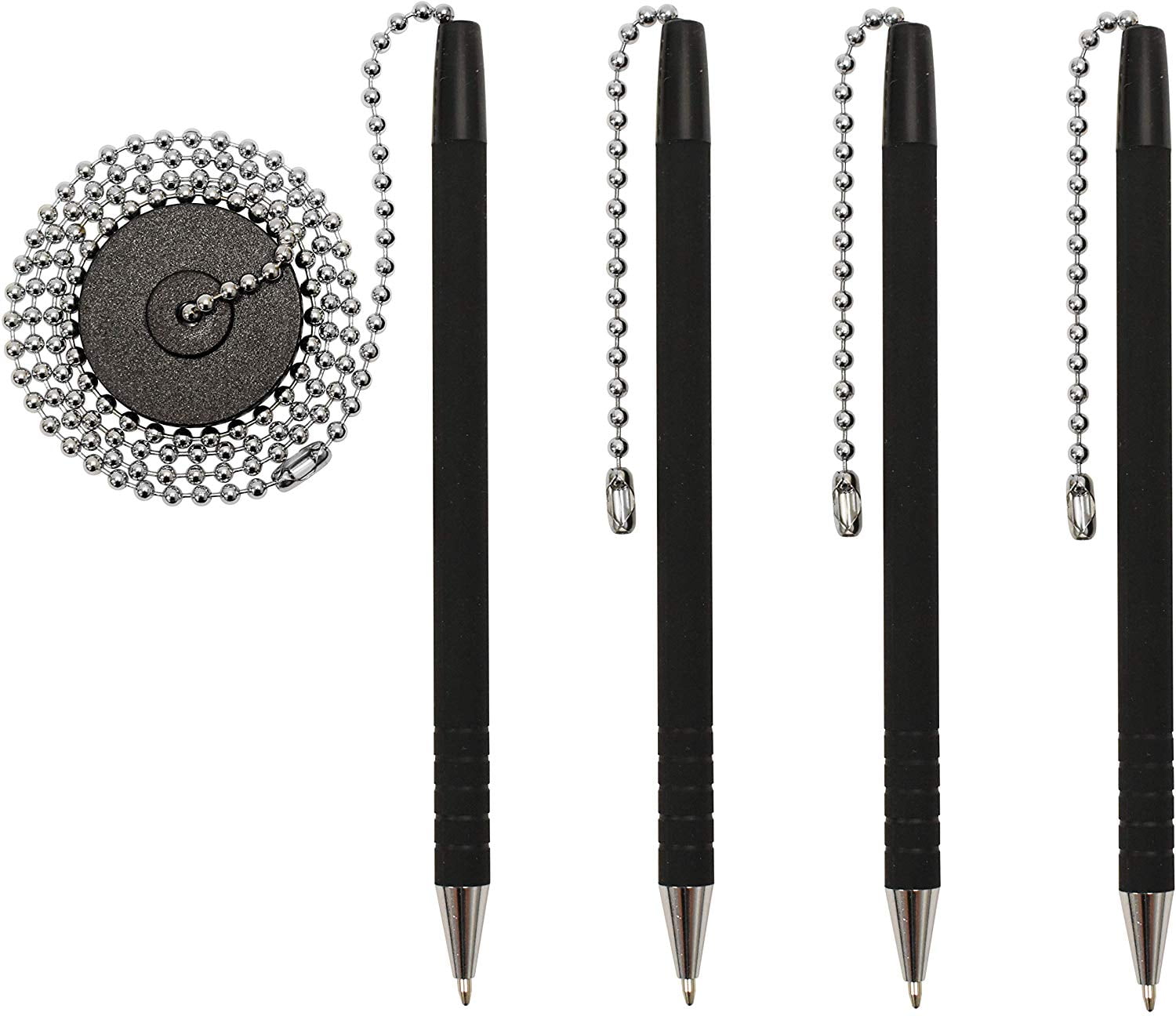 OFFICEWERKS Secure Pen With Chain And Office Pen Holder Adhesive, Reception Counter Pen With 26" Ball Pen Chain, 4 Pens With Chain Attached Per Pack, Rubber Grip, Black Ink, Easily Refillable