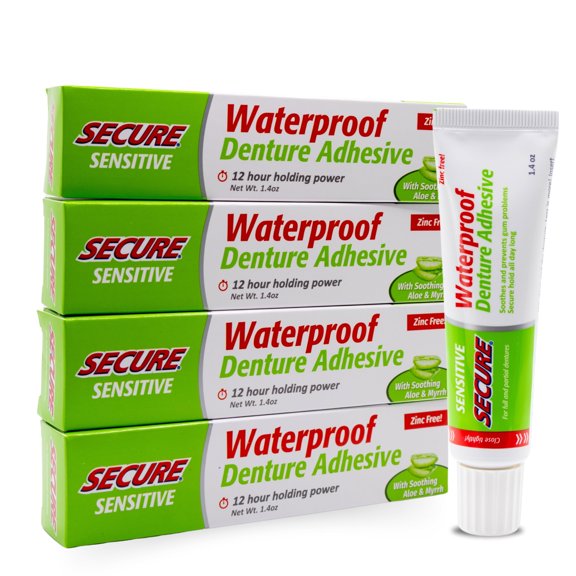 Secure Sensitive Denture Adhesive Cream with Aloe Vera & Myrrh, 12H Max Hold, Waterproof Seal - Zinc Free - For Uppers, Lowers & Partials - FSA HSA Approved - Food Grade Ingredients - 1.4 oz (4 Pack)