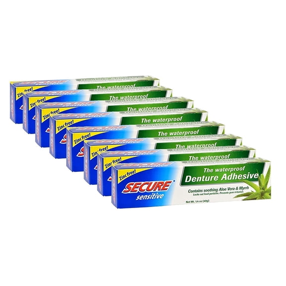 Secure Sensitive Denture Adhesive Cream with Aloe Vera & Myrrh, 12H Max Hold, Waterproof Seal - Zinc Free - For Uppers, Lowers & Partials - FSA HSA Approved - Food Grade Ingredients - 1.4 oz (8 Pack)