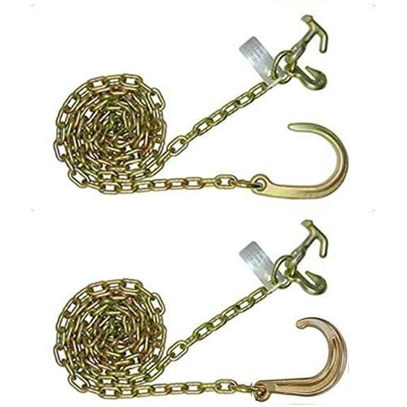 Secure Tow AF8JCG-10 (x2) 10' Chain with 8" (short) J Hook, HammerHead Hook (T, mini J Combo) for Wrecker, Tow Truck, Rollback Chain, Grade 70 (One Pair)