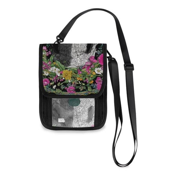 Secure Travel Neck Wallet Passport Holder Adjustable Strap For Men & Women 6*7.5in A Skull & Floral Design