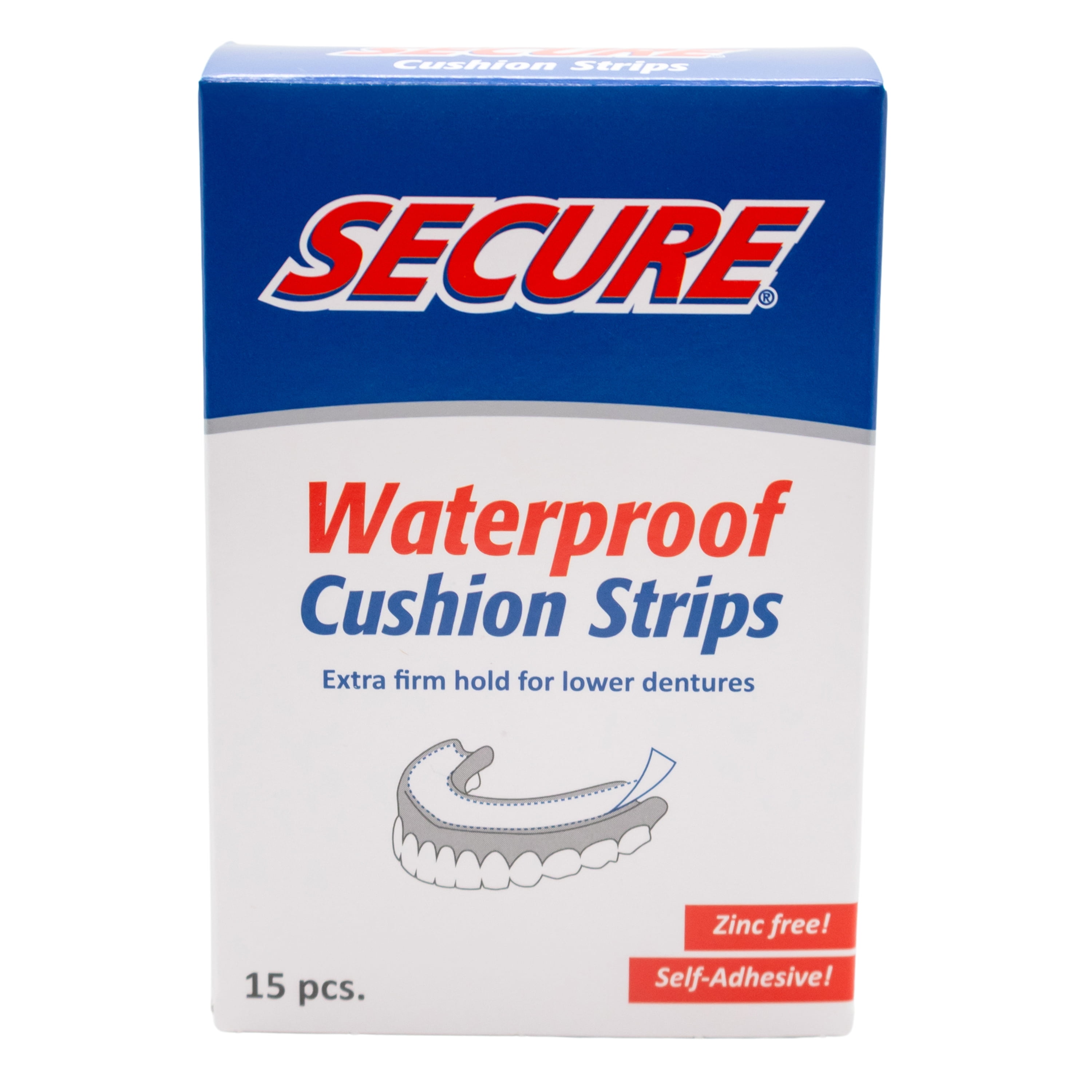 Secure Denture Adhesive Strips  Zinc Free  Waterproof  Comfortable Cushion Fit for Uppers & Lowers  15 Strips (1 Pack)