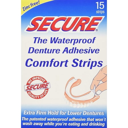 Secure Waterproof Denture Adhesive Comfort Strips, Extra Firm Hold for Lower Dentures, 15 ct