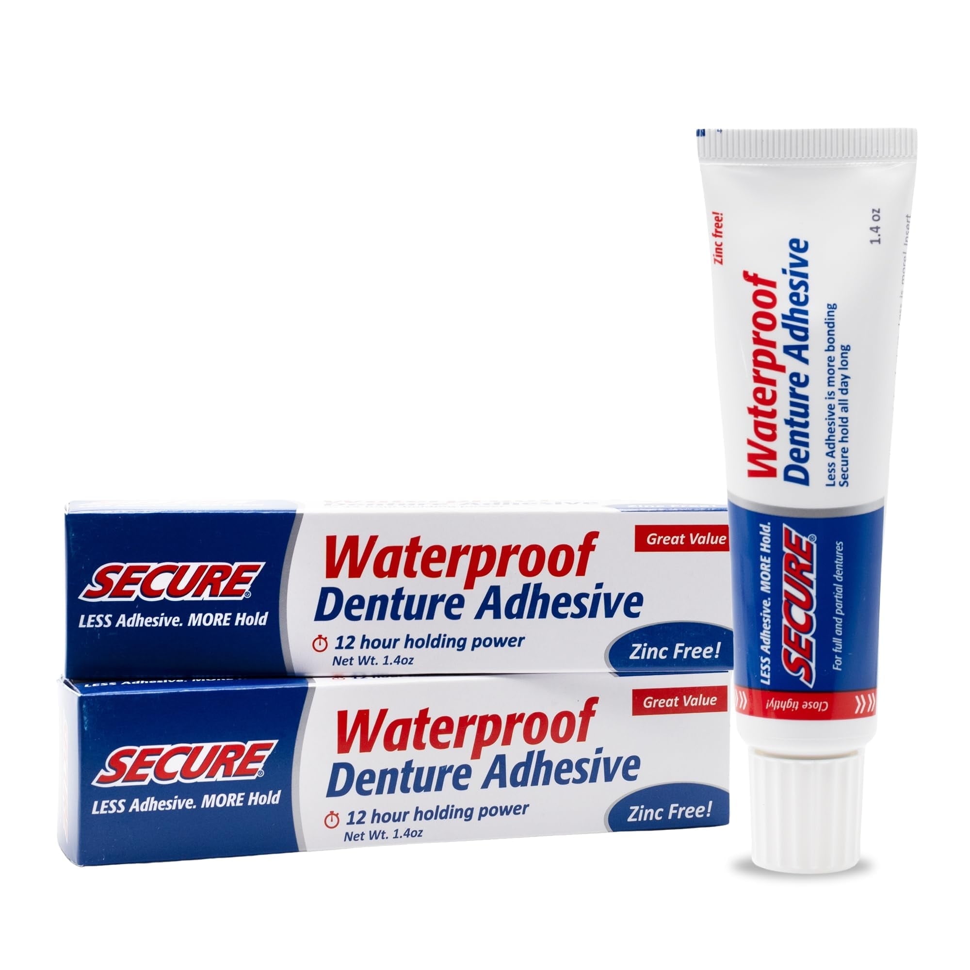 Secure Denture Adhesive Cream  12-Hour Max Hold   Waterproof Seal  Zinc Free  for Uppers Lowers & Partials  Food Grade Ingredients  FSA HSA Approved  1.4 oz (2 Pack)