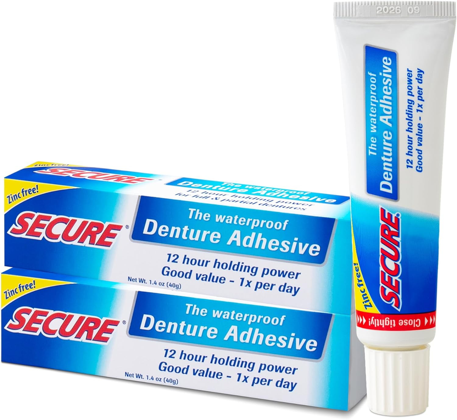 Secure Waterproof Denture Adhesive Extra Strong 12 Hour Hold, Zinc