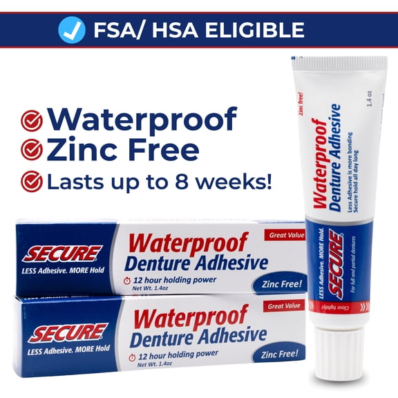 Secure Denture Adhesive Cream, 12-Hour Max Hold, Waterproof Seal - Zinc Free - For Uppers, Lowers & Partials - FSA HSA Approved - Food Grade Ingredients - 1.4 oz (2 Pack)