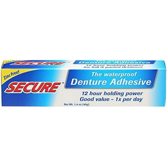 Secure Waterproof Denture Adhesive - Zinc Free - Extra Strong Hold For Upper, Lower or Partials - 1.4 oz 1.4 Ounce (Pack of 1)