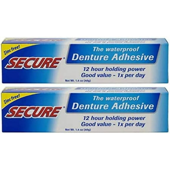 Secure Waterproof Denture Adhesive - Zinc Free - Extra Strong Hold For Upper, Lower or Partials - 1.4 oz (Pack of 2) 1.4 Ounce (Pack of 2)