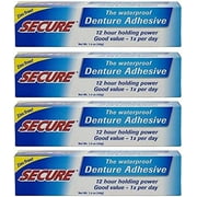 Secure Waterproof Denture Adhesive - Zinc Free - Extra Strong Hold For Upper, Lower or Partials - 1.4 oz Pack of 4 1.4 Ounce Pack of 4