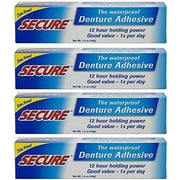 Secure Waterproof Denture Adhesive - Zinc Free - Extra Strong Hold For Upper, Lower or Partials - 1.4 oz Pack of 4