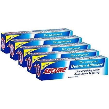 Secure Waterproof Denture Adhesive - Zinc Free - Extra Strong Hold For Upper, Lower or Partials - 1.4 oz (Pack of 5) 1.4 Ounce (Pack of 5)