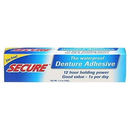 Secure Waterproof Denture Adhesive - Zinc Free - Extra Strong Hold For Upper, Lower or Partials - 1.4 oz