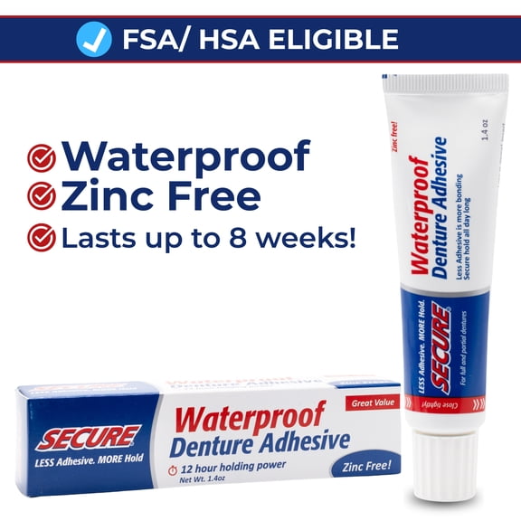 Secure Denture Adhesive Cream, 12-Hour Max Hold, Waterproof Seal - Zinc Free - For Uppers, Lowers & Partials - FSA HSA Approved - Food Grade Ingredients - 1.4 oz (1 Pack)