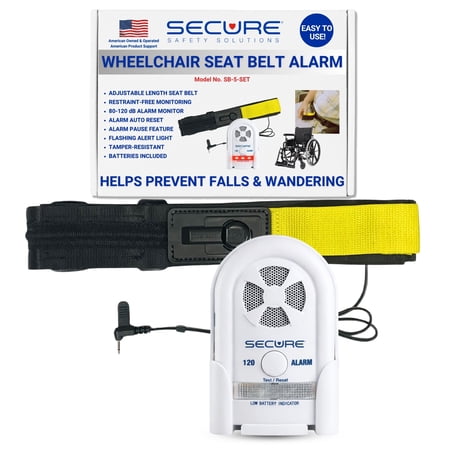 Secure Safety Solutions Wheelchair Seat Belt Chair Alarm for Elderly Fall Prevention - 120 dB Caregiver Alert Patient Monitor and Non-Restraint Sensor for Dementia Patients Safety