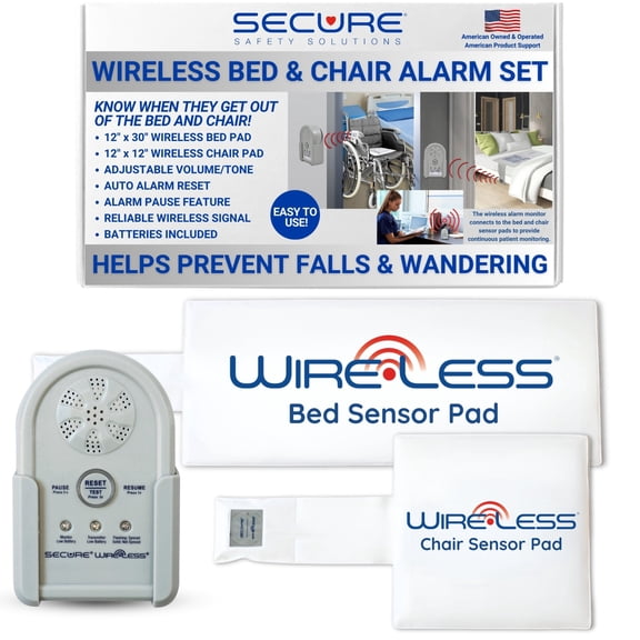 Secure Safety Solutions Wireless Chair and Bed Alarm for Elderly Adults - 12x12 and 12x30 Cordless Sensor Pads - Fall Prevention Caregiver Alert System, Dementia Patients Safety, Seniors Monitoring