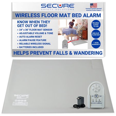 Secure Wireless Floor Mat Bed Alarm for Elderly Adults - Wireless Alarm Monitor, Floor Mat Sensor, Transmitter, Power Adapter - No Alarm in Room - Bed Alarms and Fall Prevention for Elderly Dementia