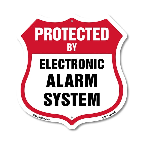 Security Alarm Shield Sign Protected By Electronic Alarm System 12 inch X 12 inch Shield Shaped Commercial Grade Plastic Sign Weather Resistant, UV Protected Made in the USA