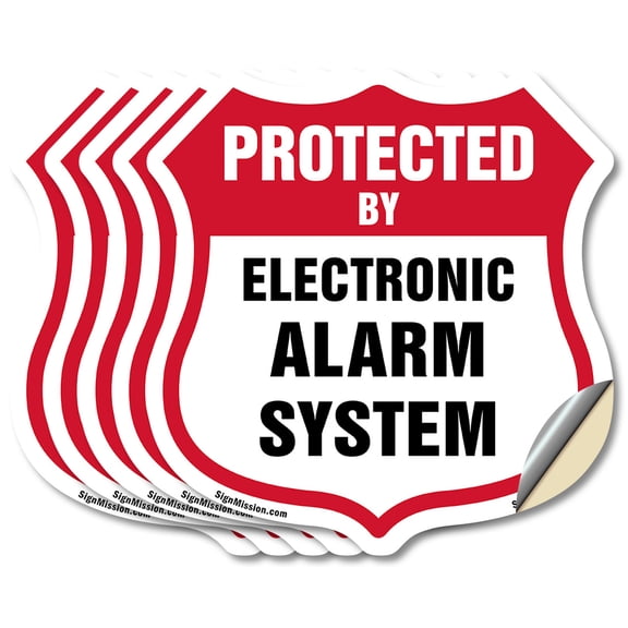 Security Alarm Shield Sign Protected By Electronic Alarm System (5 Pack) 4 inch X 4 inch Shield Shaped Heavy Duty 3.2 mil Vinyl Decals Weather Resistant, UV Protected Made in the USA