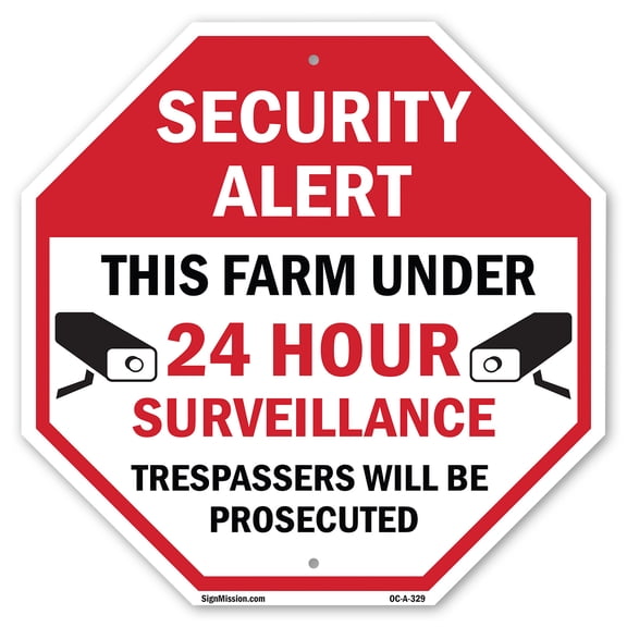 Security Alert This Farm Under 24 Hour Surveillance Trespassers Will Be Prosecuted 10 inch X 10 inch Octagon Plastic Sign Weather Resistant, UV Protected for Workplace, Made in the USA