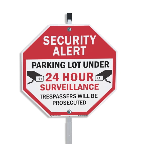 Security Alert Parking Lot Under 24 Hour Surveillance Trespassers Will Be Prosecuted 10 inch X 10 inch Octagon Aluminum Metal Signs with Aluminum Mounting Stake Weather Resistant for