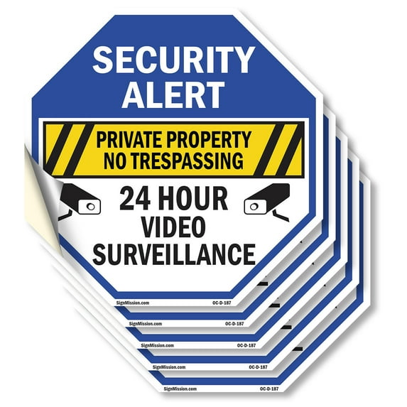 Security Alert Private Property No Trespassing 24 Hour Video Surveillance (5 Pack) 4 inch X 4 inch Octagon Vinyl Label Decal Sticker Weather Resistant, UV Protected for Workplace, Made