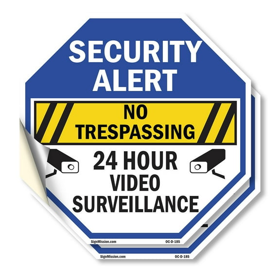 Security Alert No Trespassing 24 Hour Video Surveillance (2 Pack) 18 inch X 18 inch Octagon Vinyl Label Decal Sticker Weather Resistant, UV Protected for Workplace, Made in the USA