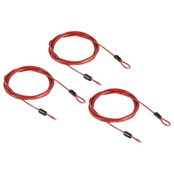 Security Cable 2.5mm x 2m/6.5ft Coated Luggage Lock Wire Rope with Double Loop, Clear Red, 3 Pack