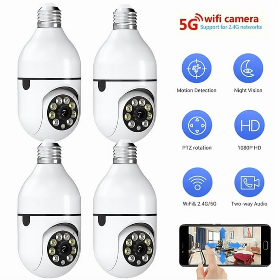 1080P Light Bulb Security Camera, 5G Wireless WIFI Outdoor Indoor Cam with Color Night Vision, Motion Detection, Two-Way Talk, and Audible Alarm 4PC