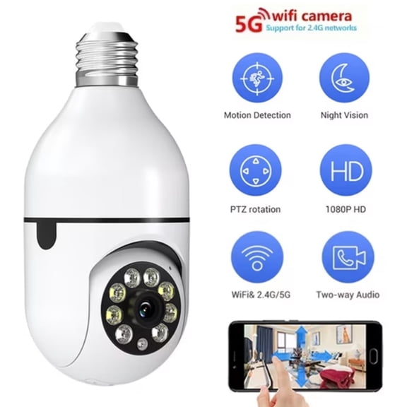 1080P Light Bulb Security Camera | 5G WiFi, Color Night Vision, Motion Detection, Two-Way Audio, Audible Alarm, Indoor Outdoor Use