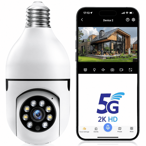 2K Light Bulb Security Camera | 5G WiFi, Color Night Vision, Motion Detection, Two-Way Audio, Audible Alarm, Indoor Outdoor Use