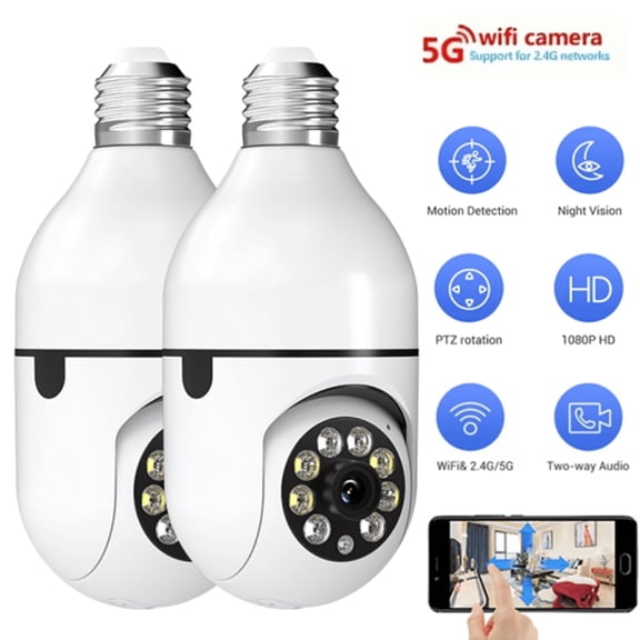 1080P Light Bulb Security Camera, 5G Wireless WIFI Outdoor Indoor Cam with Color Night Vision, Motion Detection, Two-Way Talk, and Audible Alarm 2PC