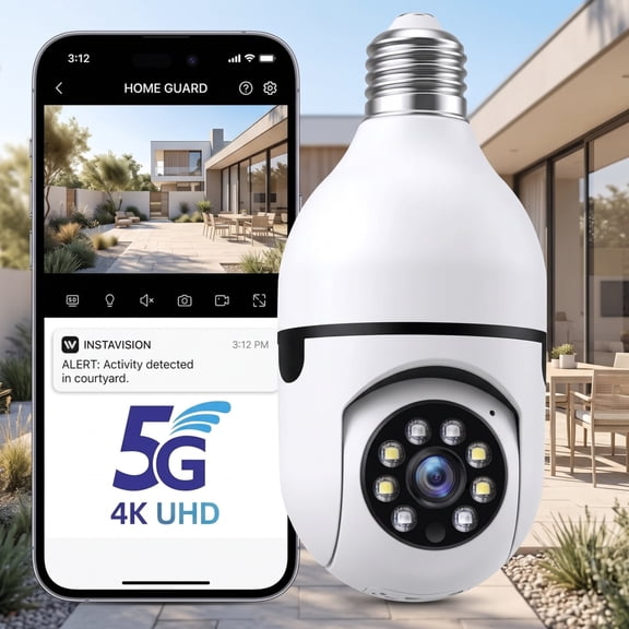 Security Camera Light Bulb, 2K Wireless WiFi Camera, Color Night Vision, Motion Tracking, 5G Connectivity, Two Way Audio