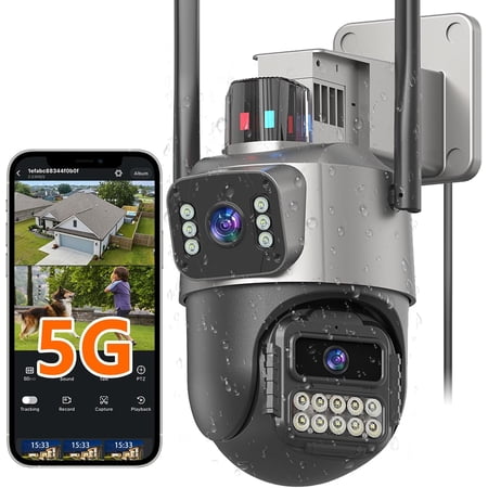 Security Camera Outdoor, 6MP Dual Lens PTZ Camera, Plug-in Stable Power, 360° Pan Tilt Auto Tracking, Color Night Vision, 2-Way Audio, IP66 Waterproof, 24/7 Recording, No Subscription