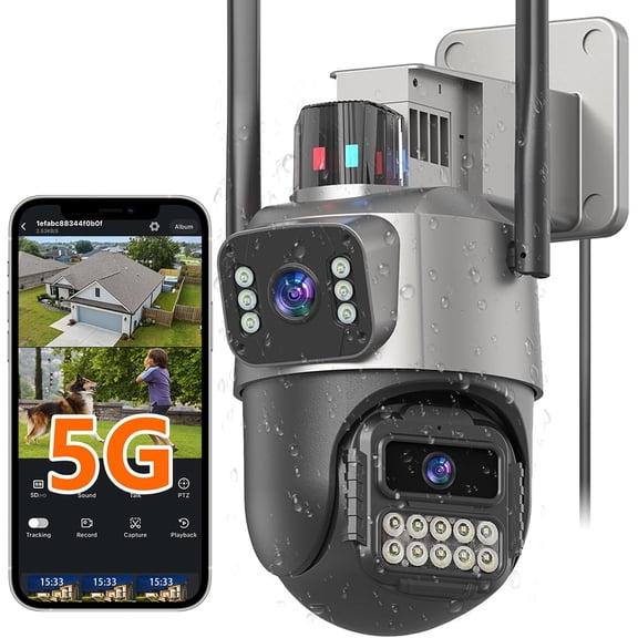 Security Camera Outdoor, 6MP Dual Lens PTZ Camera, Plug-in Stable Power, 360 Pan Tilt Auto Tracking, Color Night Vision, 2-Way Audio, IP66 Waterproof, 24/7 Recording, No Subscription