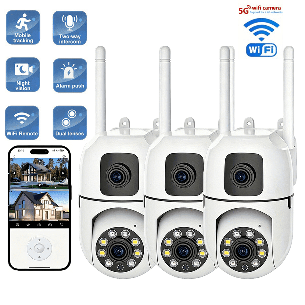 Security Camera Outdoor Dual Lens, 2.4Ghz&5Ghz WiFi 360° PTZ ...