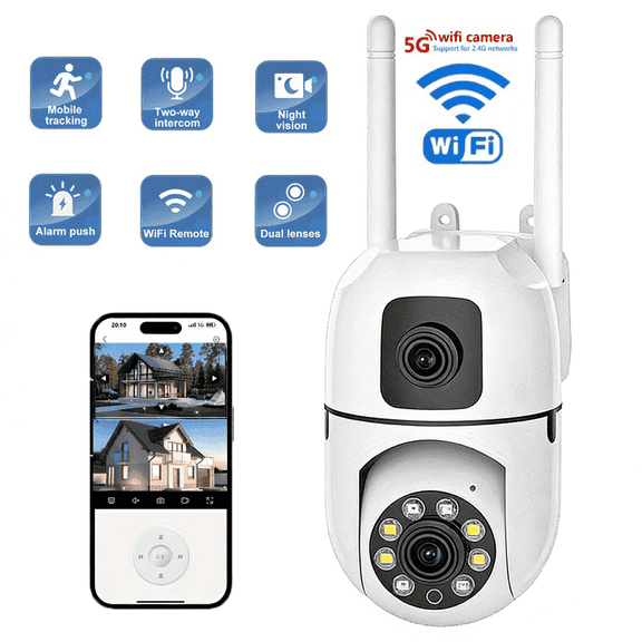 Outdoor Security Camera Dual Lens 360° Ptz, 2.4Ghz 5Ghz Wifi, Dual Screen, 1080P, Color Night Vision, 2-Way Audio, Auto Tracking