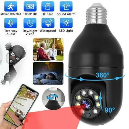 Security Camera Outdoor/Indoor, 1080P Wireless Light Bulb Wi-Fi Smart Cameras 360 View with 32G Memory Card, Night Vision Two Way Talk Motion Detection Bullet Surveillance Cameras, Black