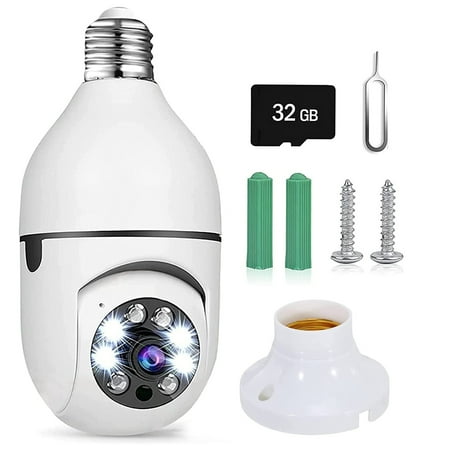 Security Camera Outdoor/Indoor, 1080P Wireless Light Bulb Wi-Fi Smart Cameras 360° View with 32G Memory Card, Night Vision Two Way Talk Motion Detection Bullet Surveillance Cameras, White