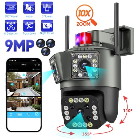 Security Camera Outdoor,Kepeak 3MP Three Lens WiFi Wireless Outside Cameras, IP66 Waterproof, AI Human Tracking, Color Night, 2-Way Talk, 360°View