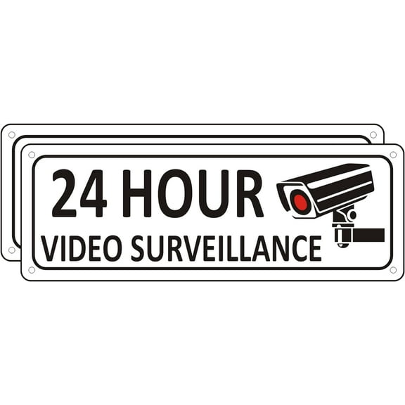 Security Camera Sign Metal, (2 Pack) Video Surveillance Signs Small, 10" x 3.5" Aluminum Camera in Use Sign Outdoor, Monitoring Sign for House