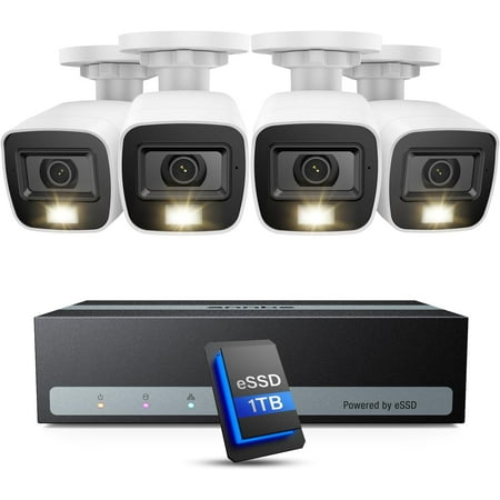 Security Camera System 3K Lite 5-in-1 H.265+ 8CH eDVR with 1TB eSSD and (4) 1080p (2MP) Weatherproof Surveillance Wired Cams AI Human/Vehicle Detection Smart Color Night Vision Email Alert
