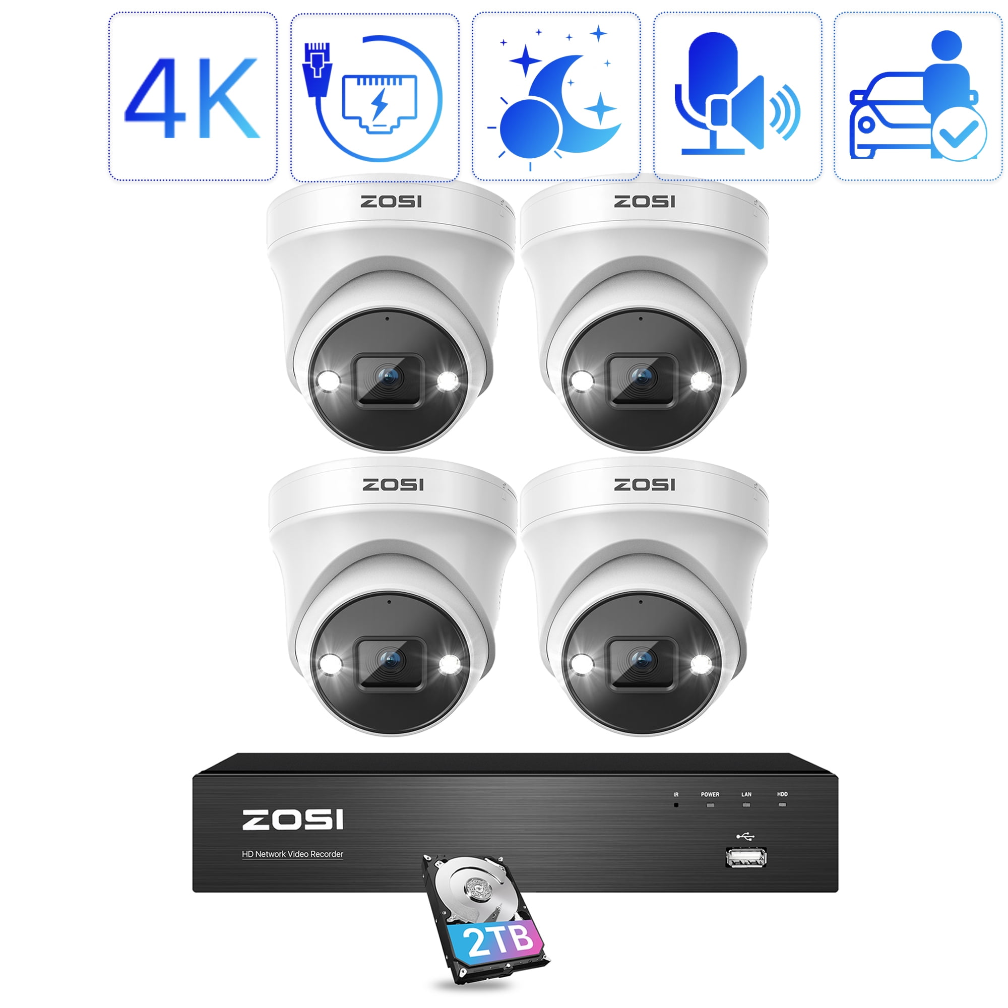 Security Camera System with AI Detection, ZOSI 4K 8CH POE Security Camera System for Home Security, 4K Outdoor Security Camera with Audio, Waterproof, 2TB HDD for 24/7 Recording