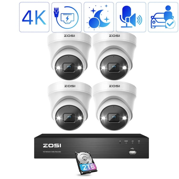 Security Camera System with AI Detection, ZOSI 4K 8CH POE Security Camera System for Home Security, 4K Outdoor Security Camera with Audio, Waterproof, 2TB HDD for 24/7 Recording